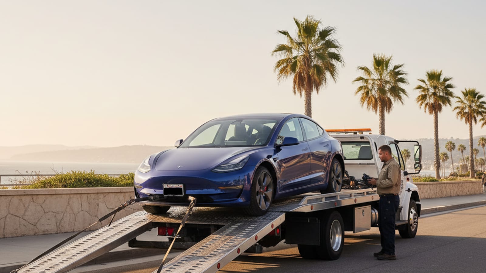 Tow truck on a paved shoulder behind a dark EV with its hazard lights on
