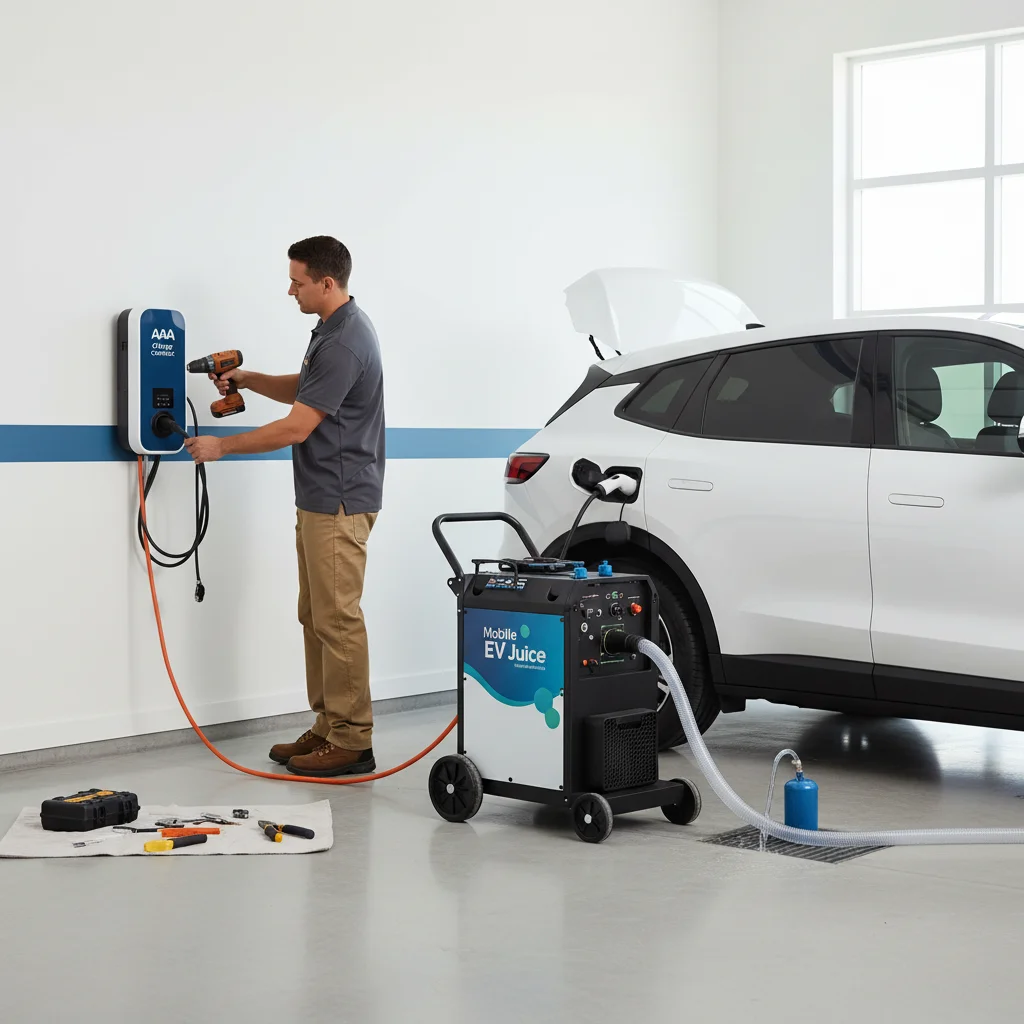 A split scene of a flatbed tow truck loading an EV and a mobile charging van plugged into another EV