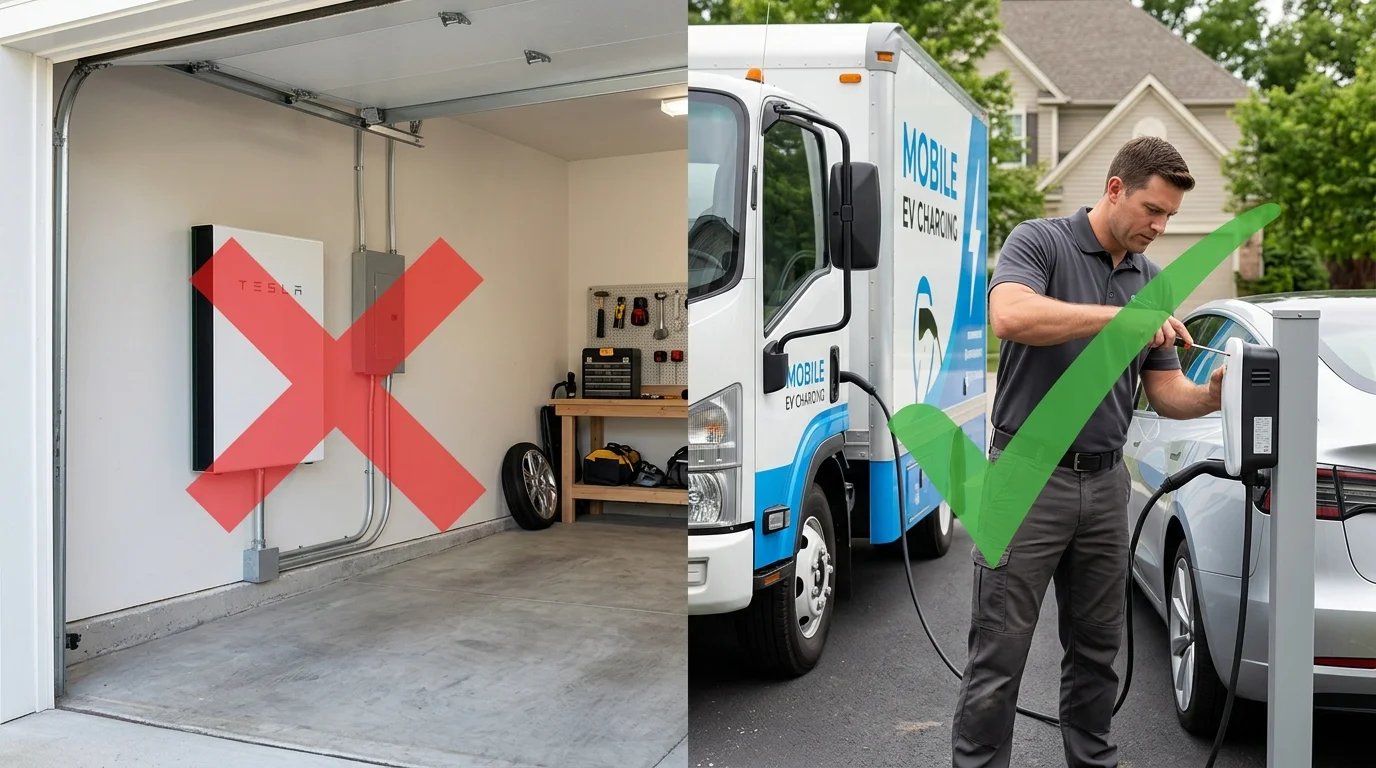 Split graphic of a wall-mounted home battery with a red X next to a charging truck plugged into a parked EV