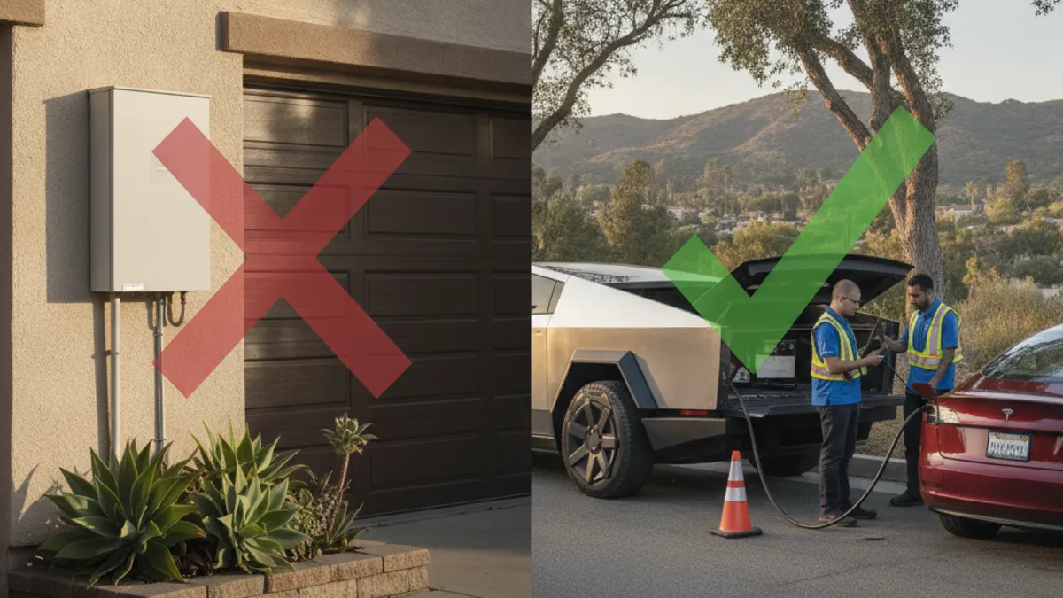 Split photo of a garage wall battery on the left and a mobile charging truck at an EV on the right