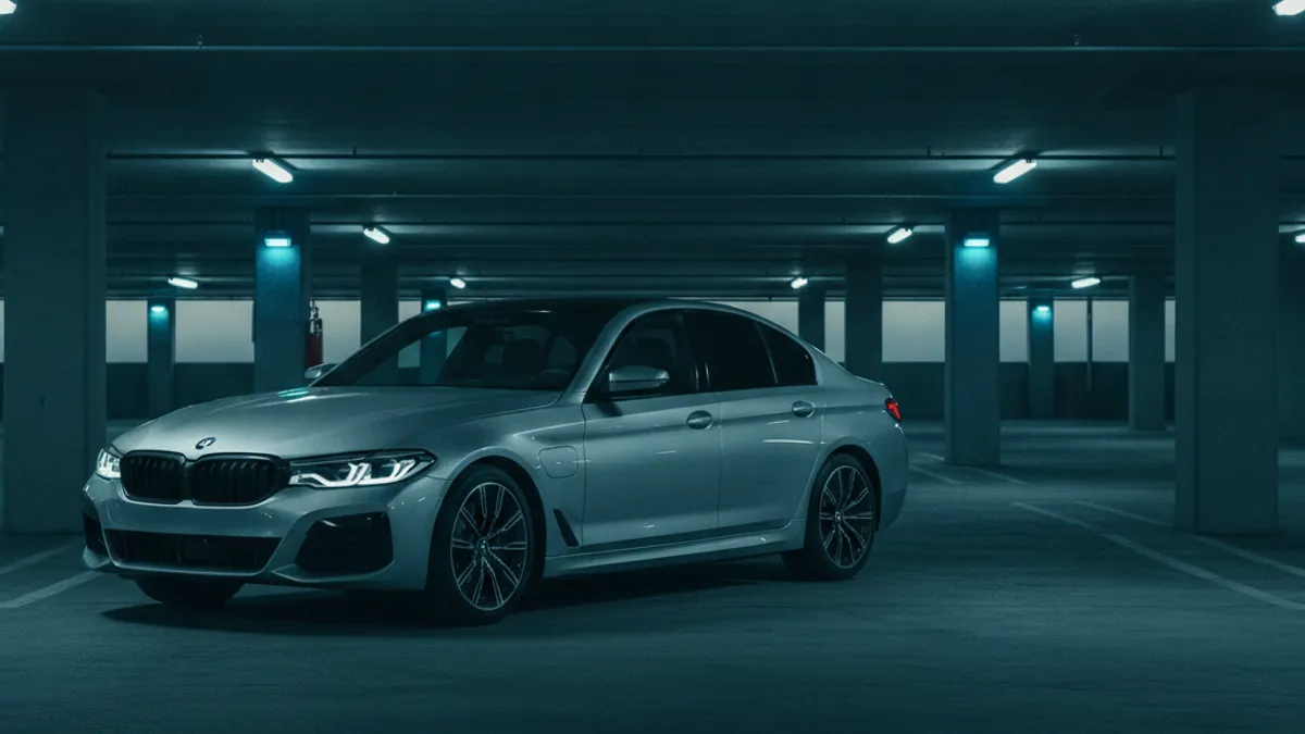 A dark sedan on pavement with an unlit dashboard, showing a car that won't wake.