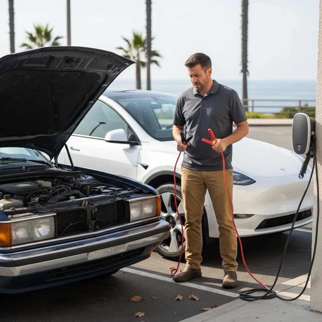 A driver holding jumper cables next to an electric car and a stalled vehicle with its hood raised.