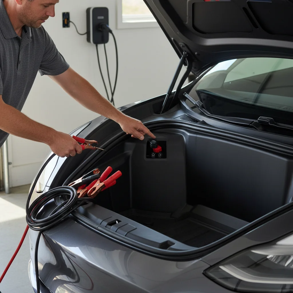 Jumper cables resting beside low-voltage battery terminals under an open front trunk.