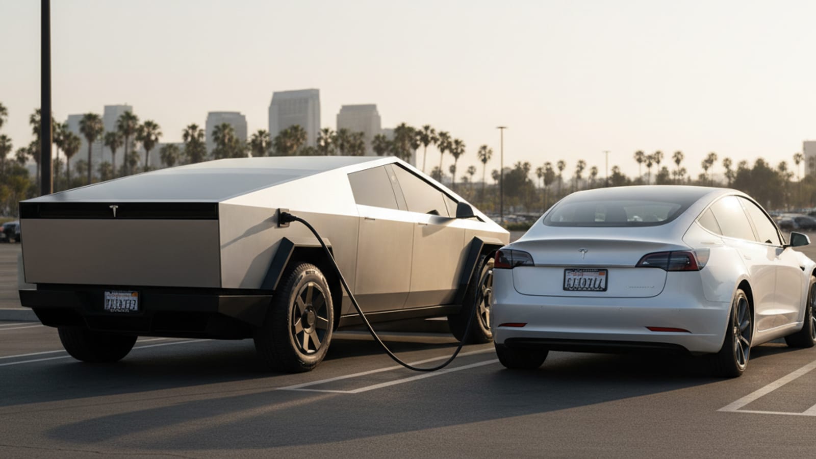 Two electric cars stopped on a paved shoulder with a charging cable between them