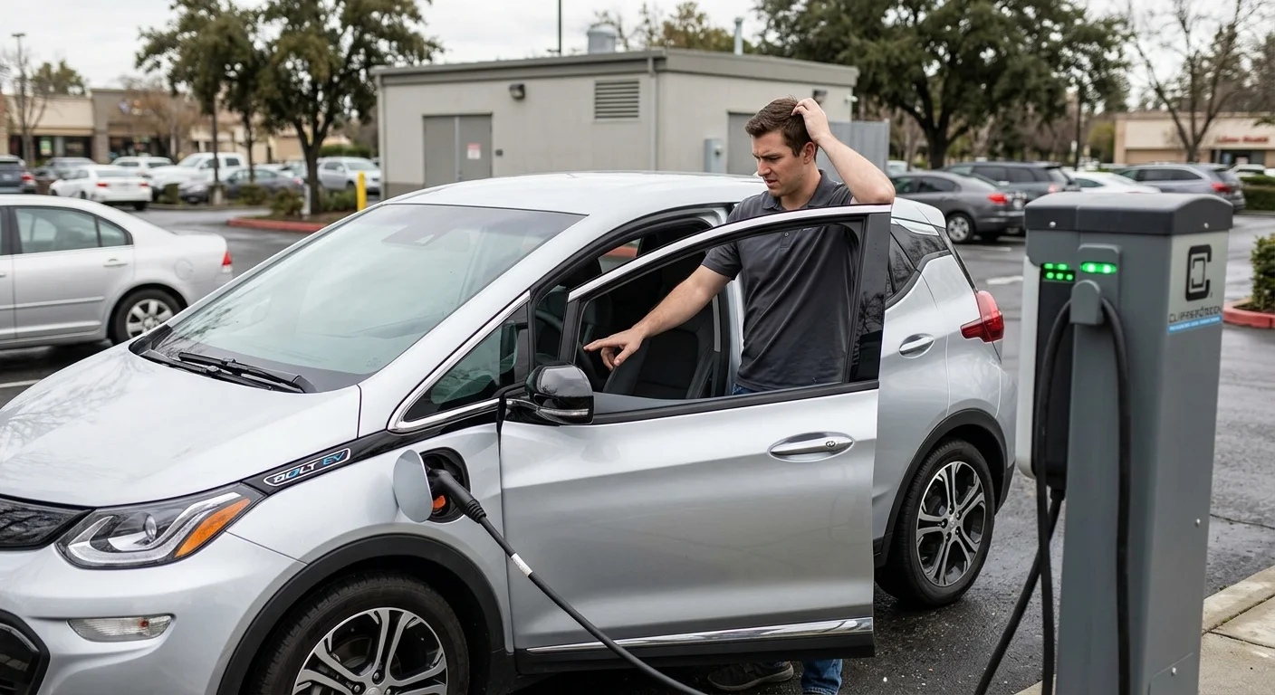 A driver looking at a dark charging screen inside a compact EV at a public stall