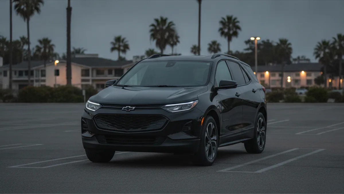 An unresponsive Chevy Equinox EV parked in a dim garage with a dark dash and no cabin lights.