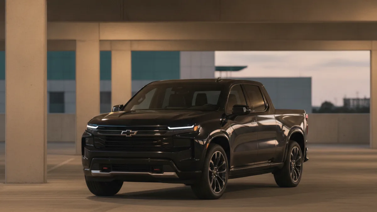 A dark Chevy Silverado EV parked roadside at night with a black dashboard, showing a dead 12-volt battery that won't wake the truck.