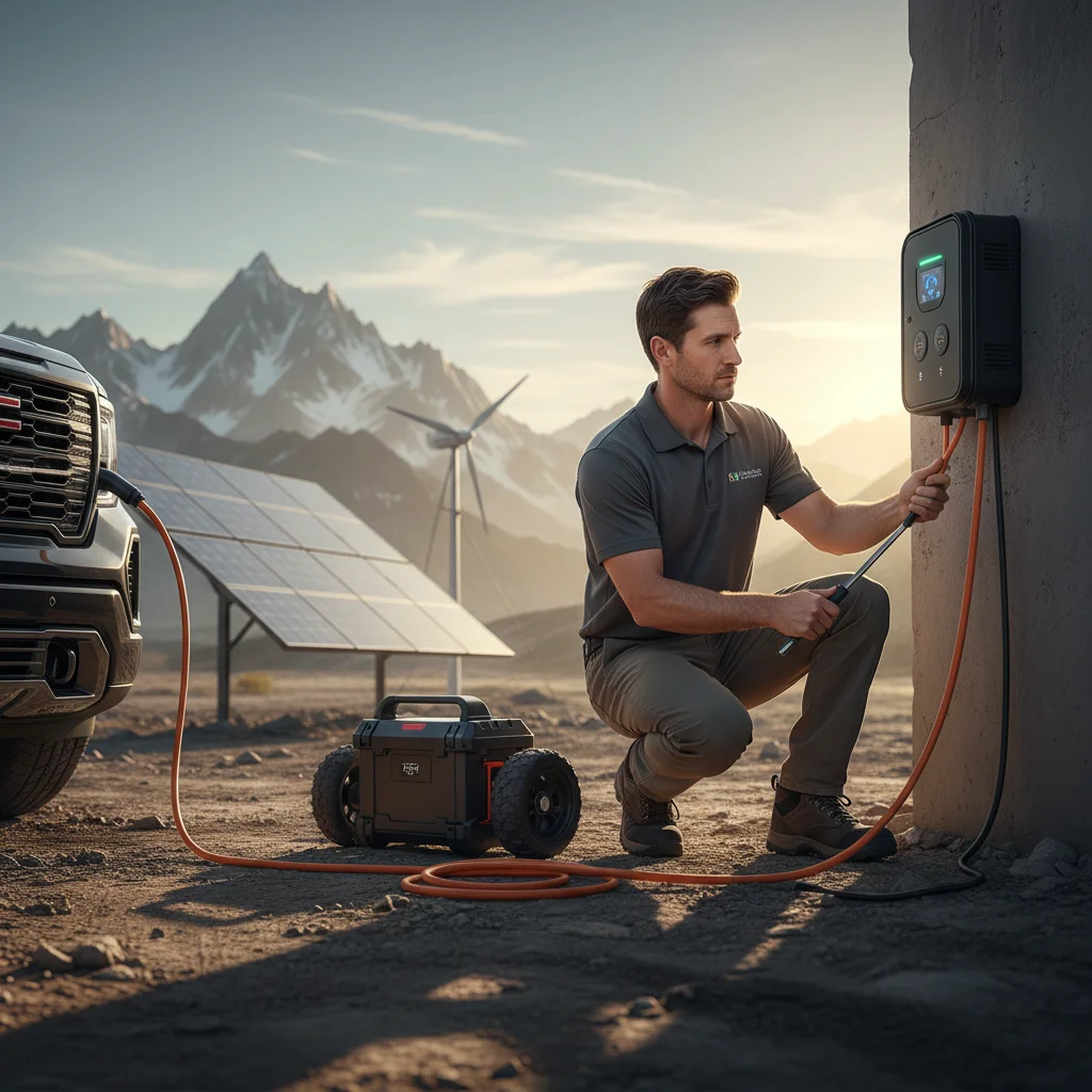 A technician connecting a portable charger to a stalled electric truck on the roadside