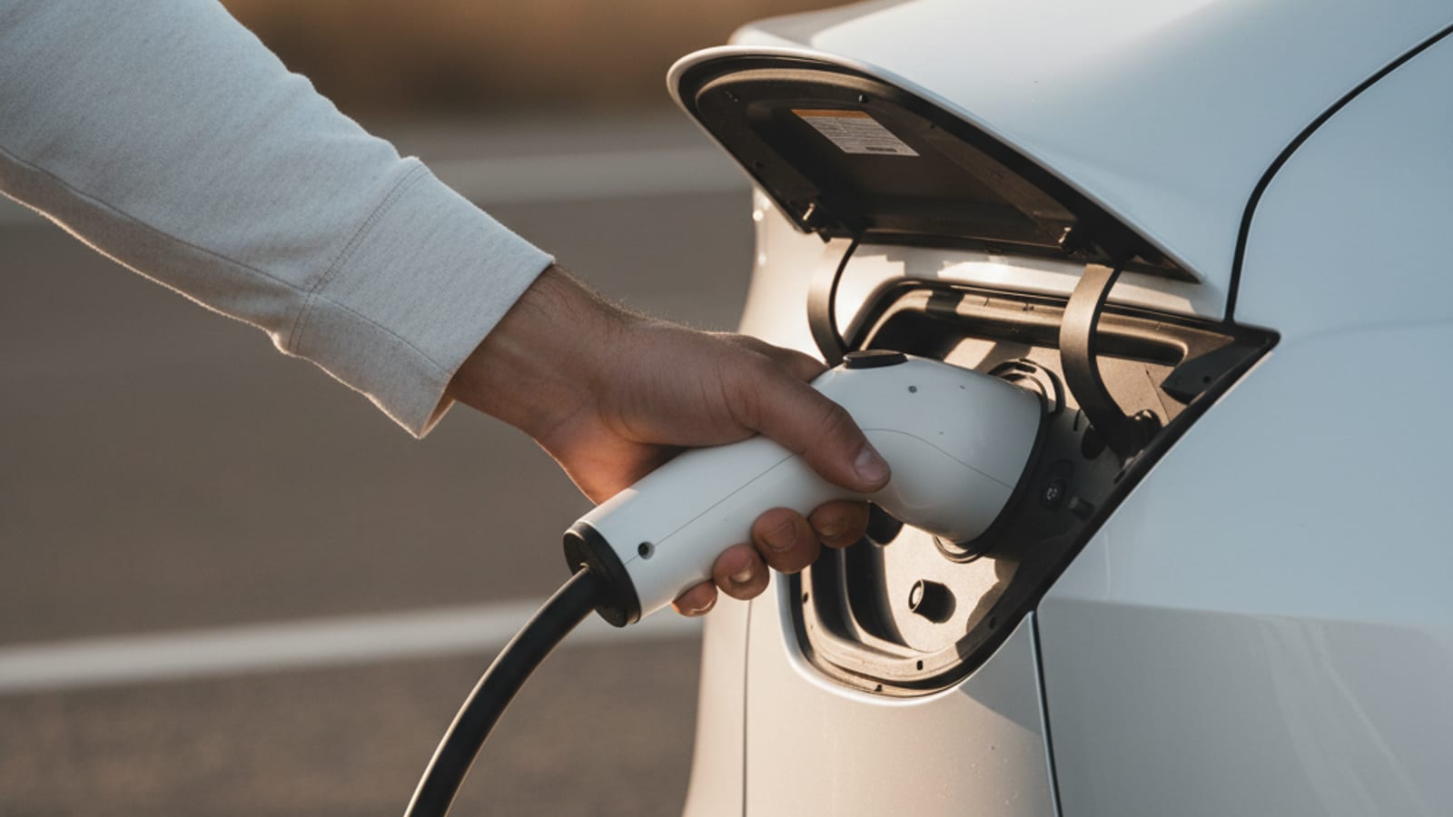 Driver's hand holding an EV charge connector that remains locked in the port