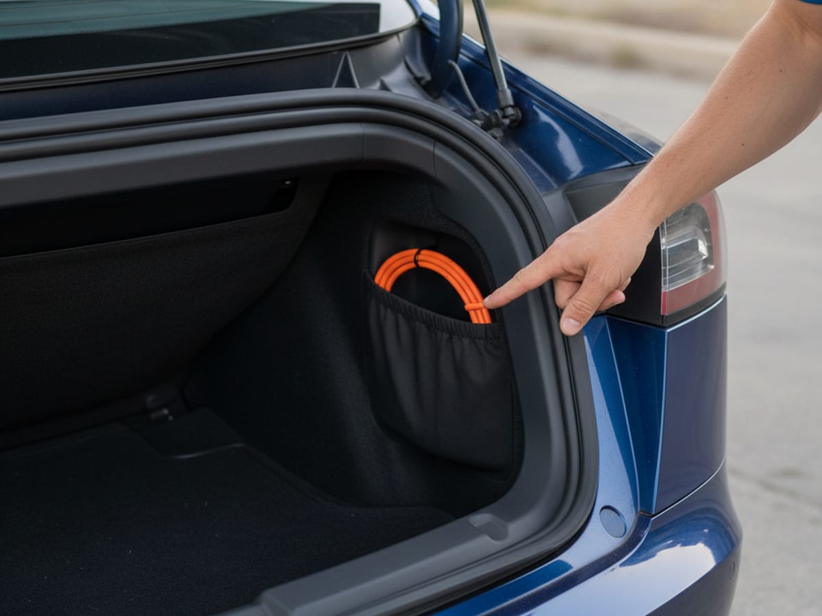 Manual charge-port release cable visible behind an open trunk access panel