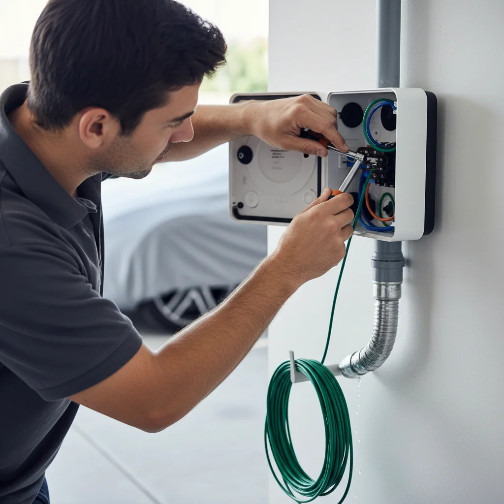 A person inspecting a front tire on a parked electric car next to a service van