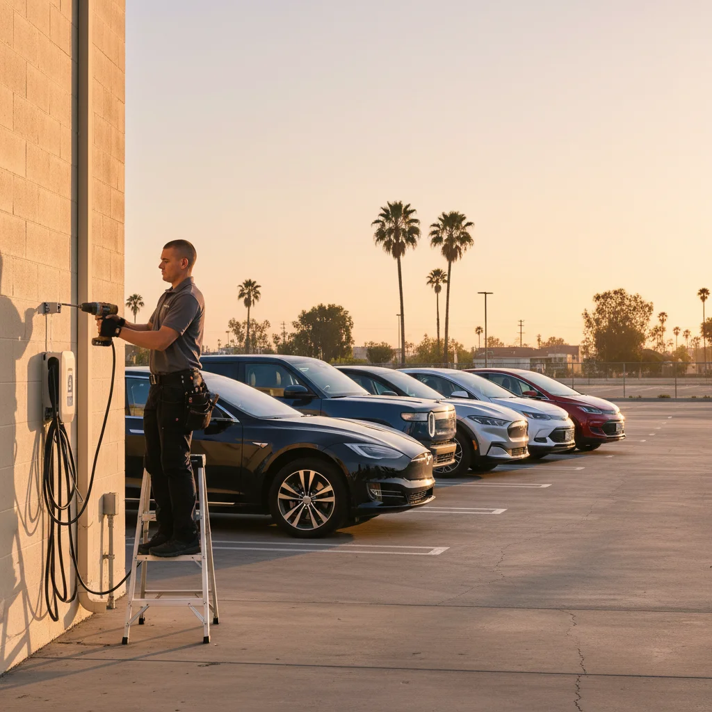 Several electric cars parked on a roadside shoulder next to a service van