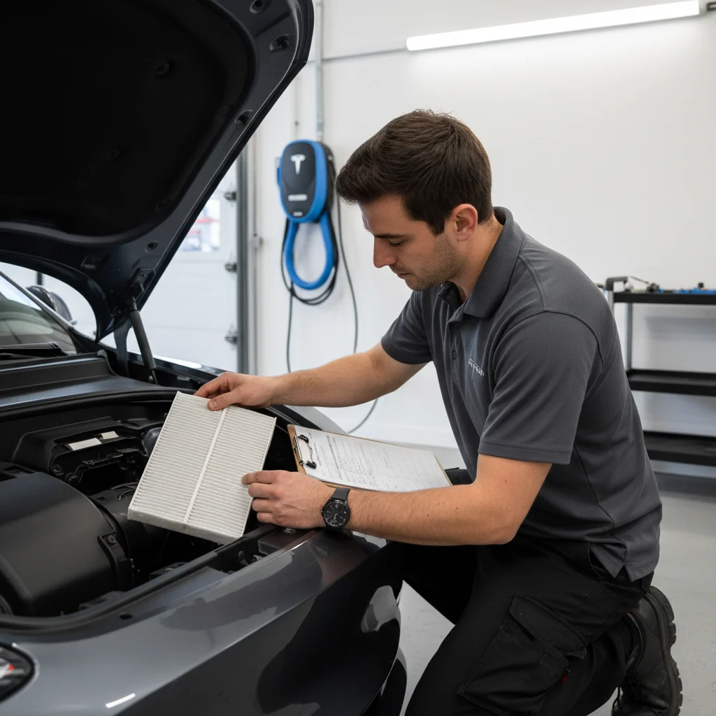 A technician with a clipboard checks an open EV hood beside the road