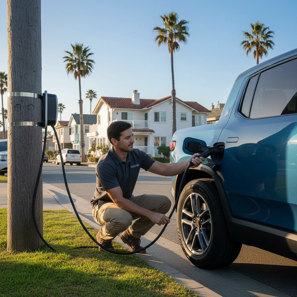 Technician plugging a charging cable into an SUV parked at a curb