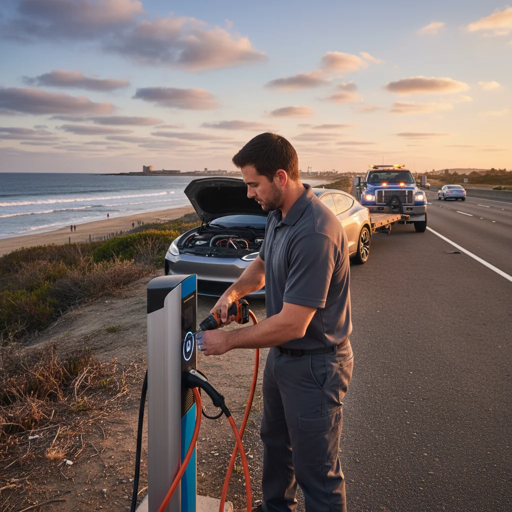 An electric car stopped on a freeway shoulder with a mobile charging truck pulled in behind it