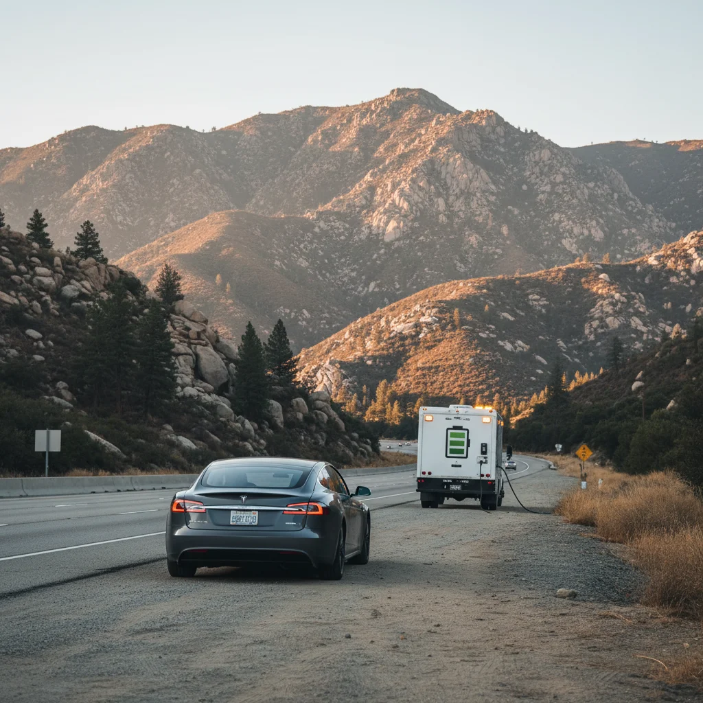 An electric car stopped on a freeway shoulder with hazard lights on as a charging truck approaches