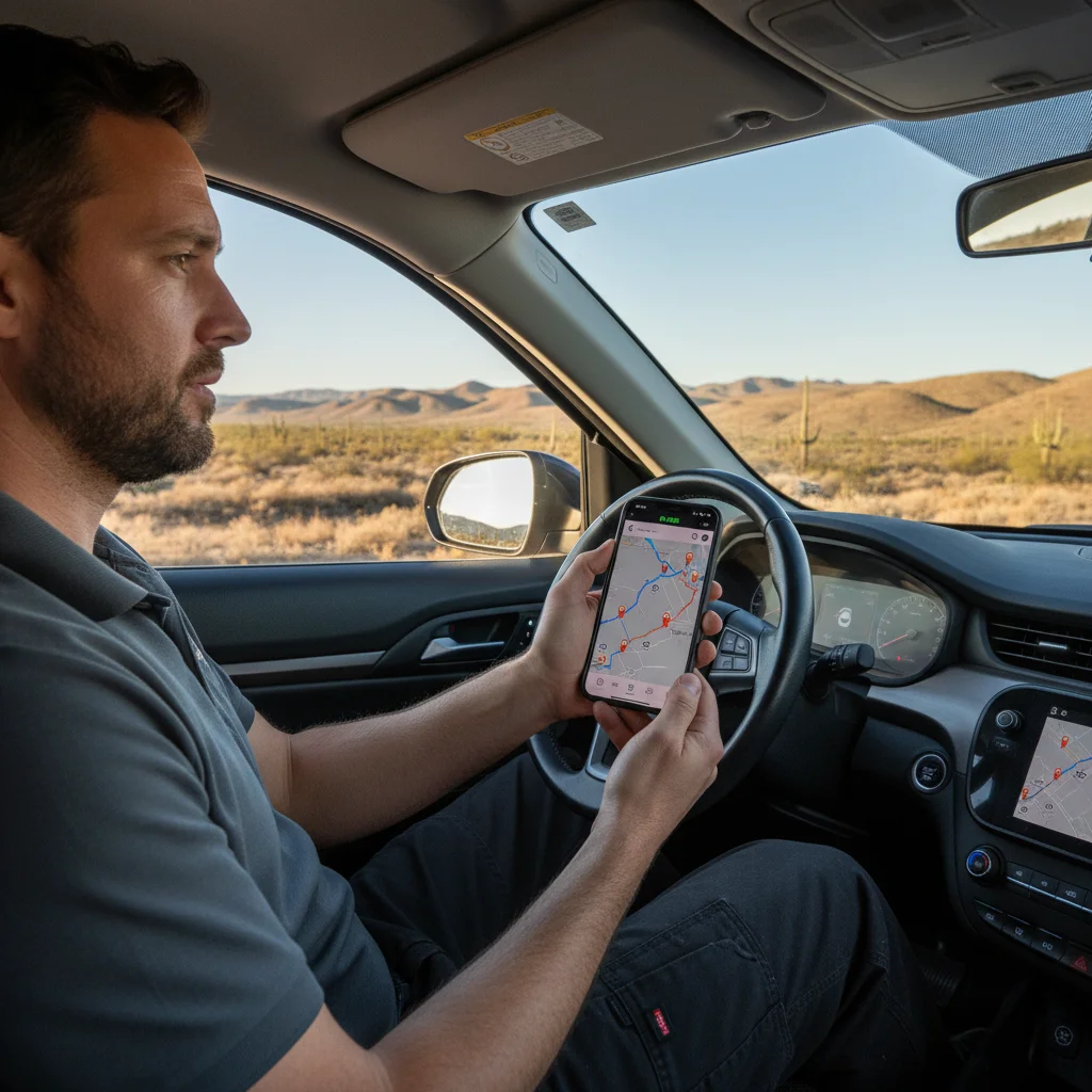 A driver standing beside a stopped EV on a freeway shoulder, phone in hand, with hazard lights on