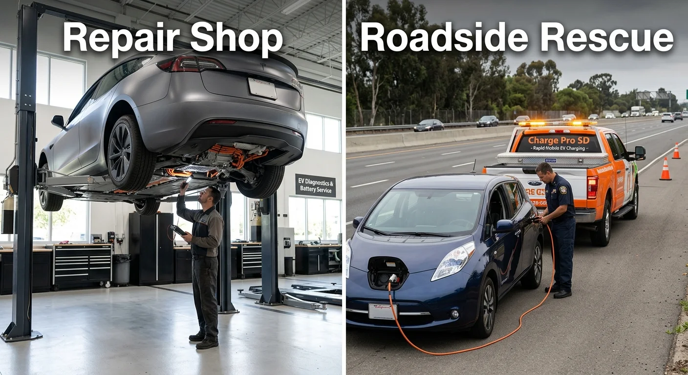 Split photo of an electric car on a shop lift and a stalled EV getting charged on the roadside