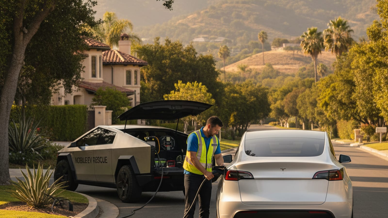 Parked electric car at a curb with the frunk open for a battery check