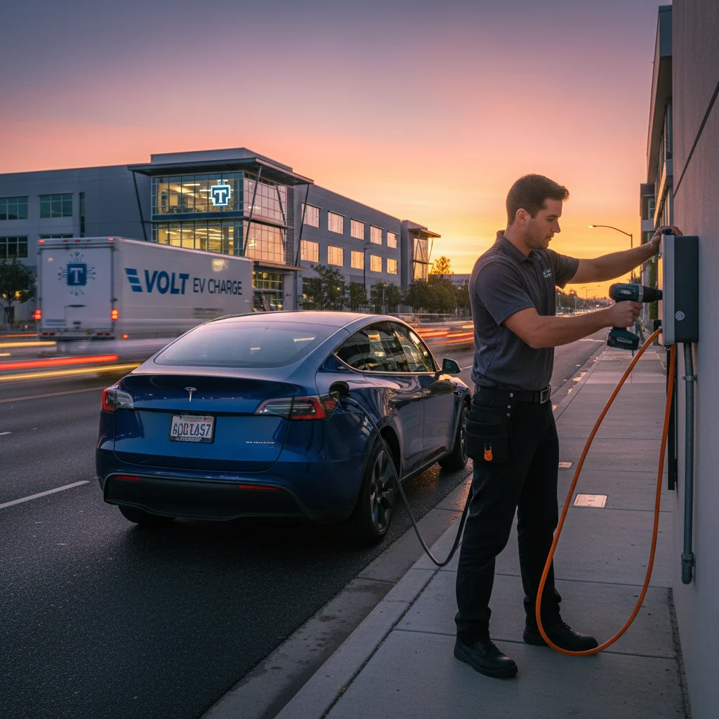 Electric SUV stopped on a paved shoulder with its charge port door open