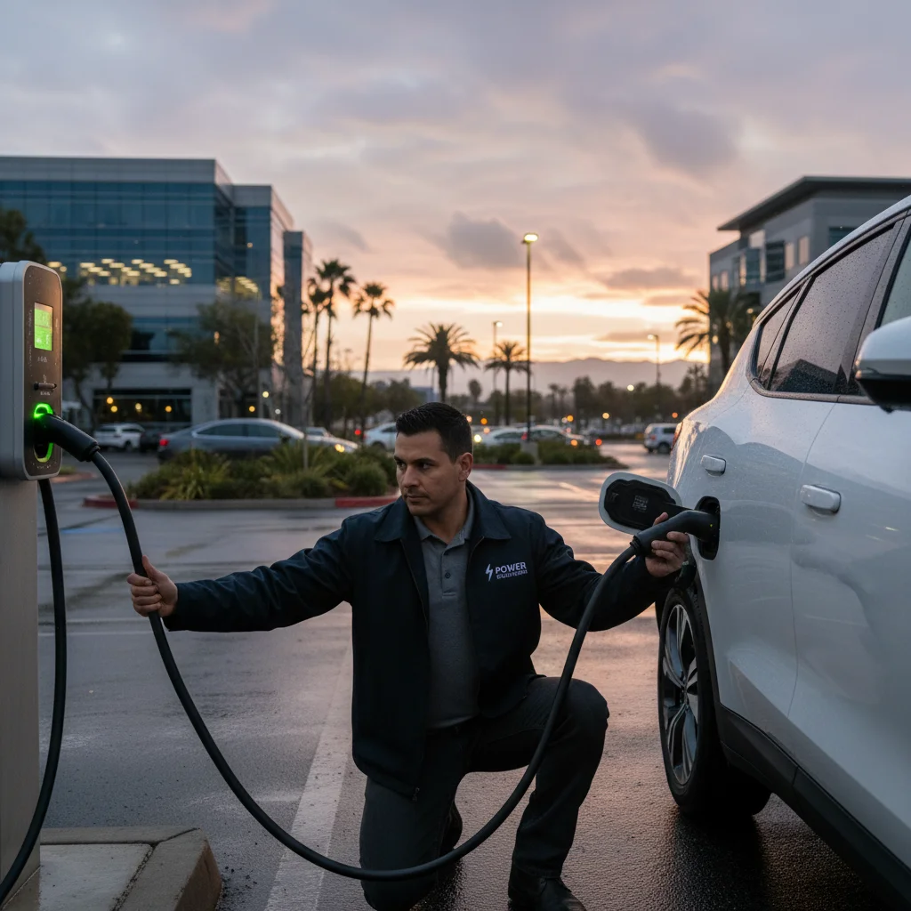 Technician plugging a charging cable into a parked electric vehicle