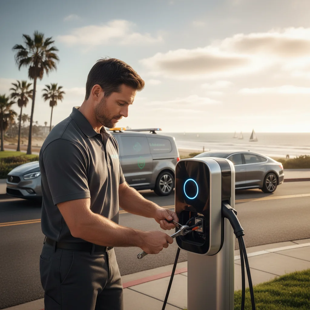 A charging cable plugged into a dark EV parked on a paved roadside shoulder