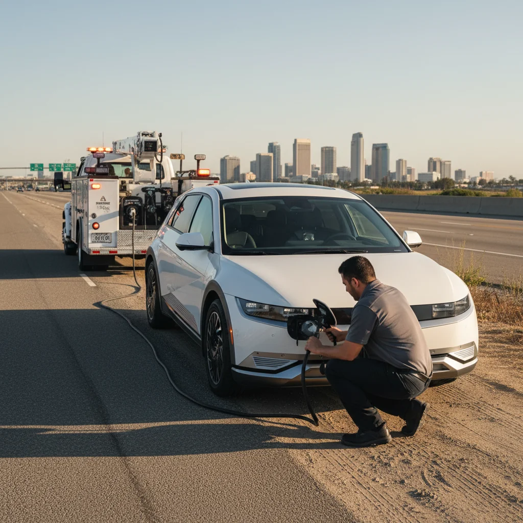 An electric car sitting on a freeway shoulder with its hazard lights flashing