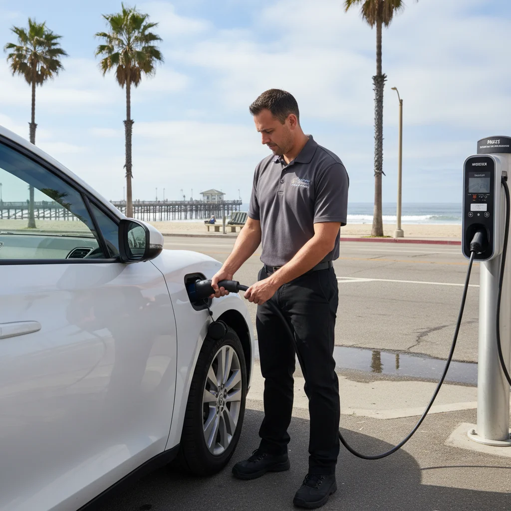 A charging cable plugged into an electric car parked at the curb