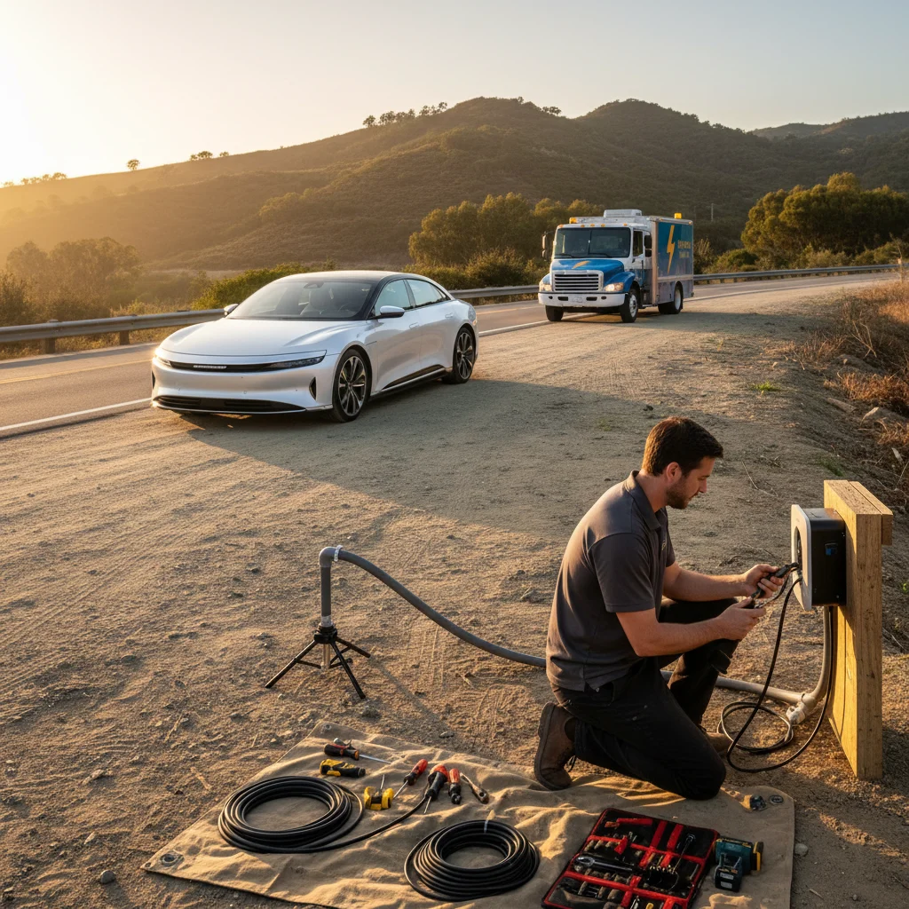 Electric car stopped on a freeway shoulder with lights on and a rescue van behind it