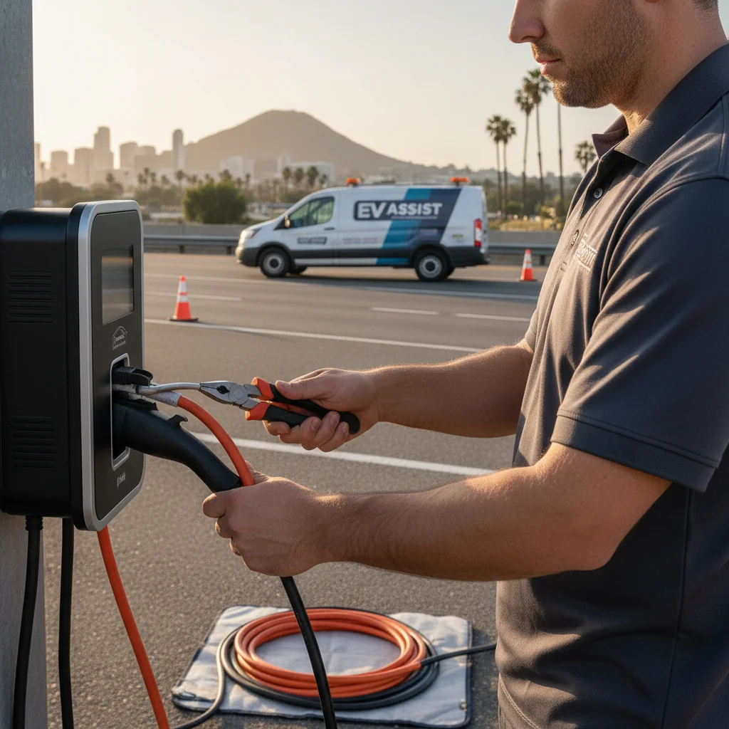 Technician plugging a portable charger cable into an EV charge port