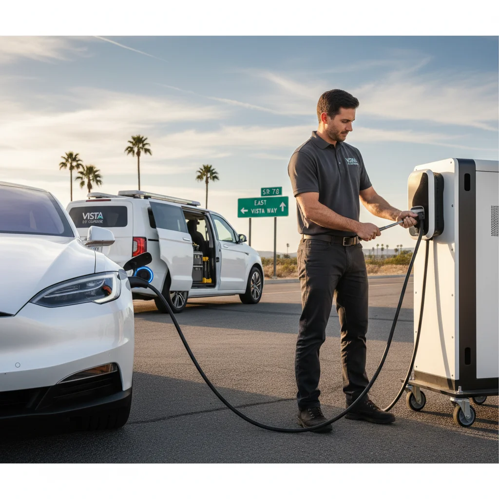 Stalled electric SUV on a freeway shoulder as a mobile charging truck approaches