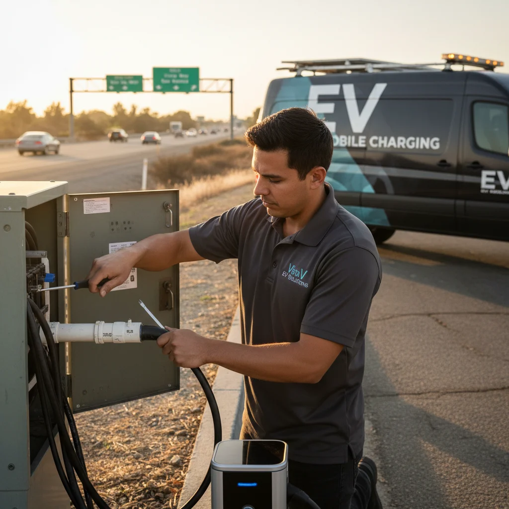 Technician connecting a charge cable to an EV at a residential curb