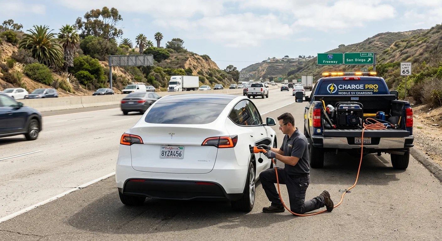 An electric sedan parked on a freeway shoulder with its hazard lights on