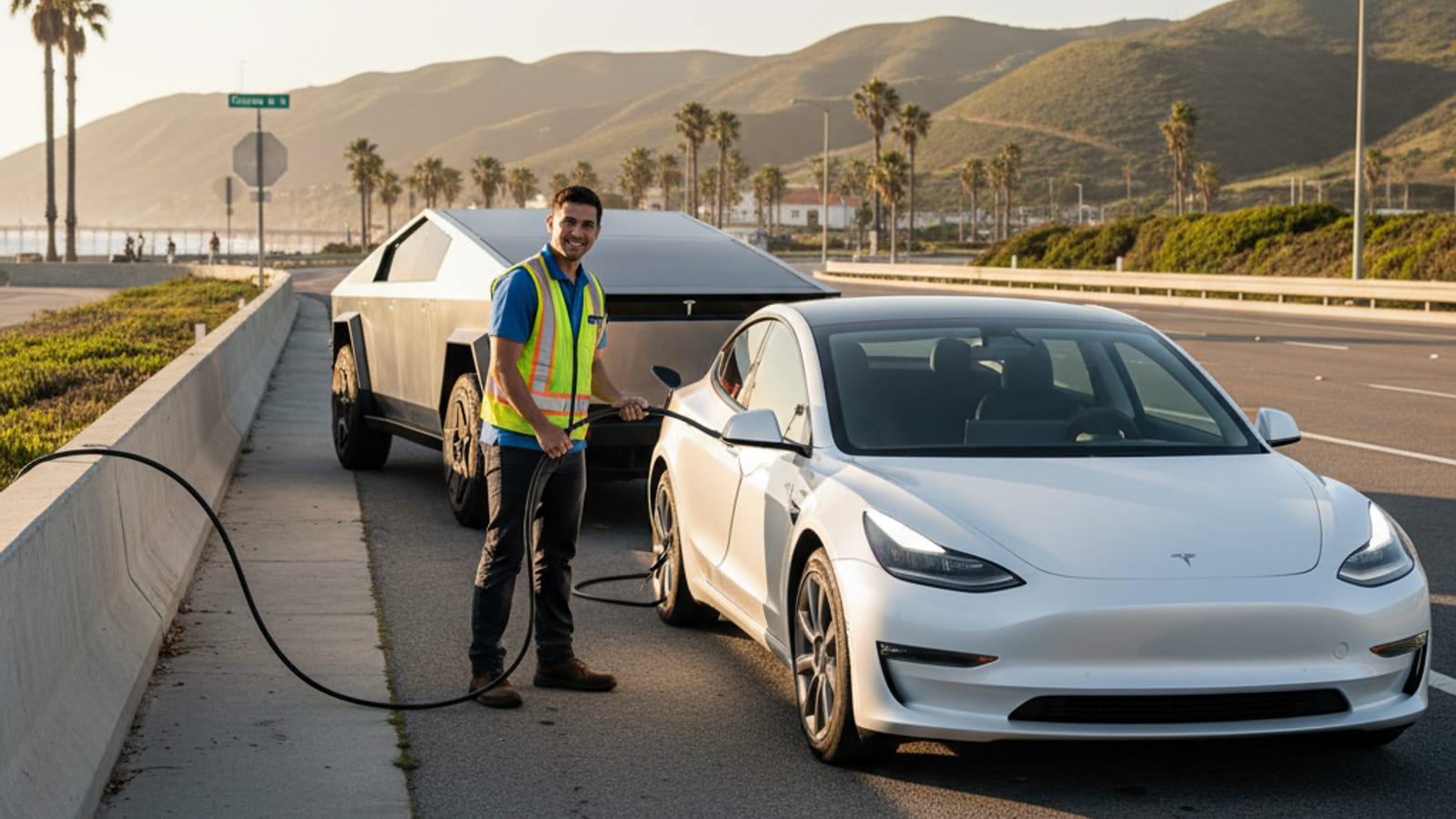 Electric car stopped on a paved shoulder with hazard lights on