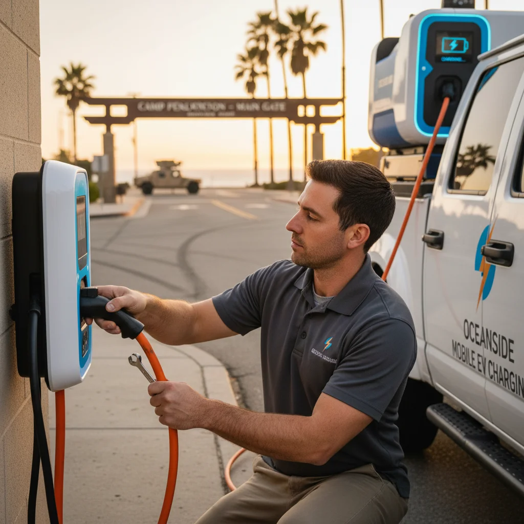 Charging cable plugged into an electric car beside a service van