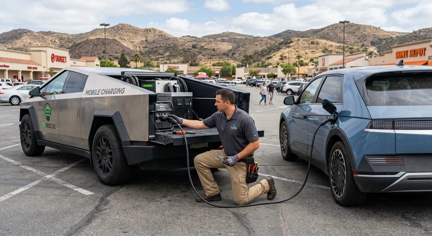 A mobile charging rig parked beside a stranded electric SUV in a shopping-center lot during the day