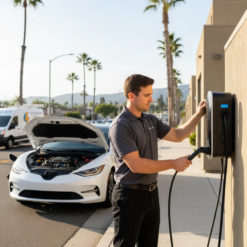 Electric car parked in a concrete garage with dark dash lights and a closed charge port