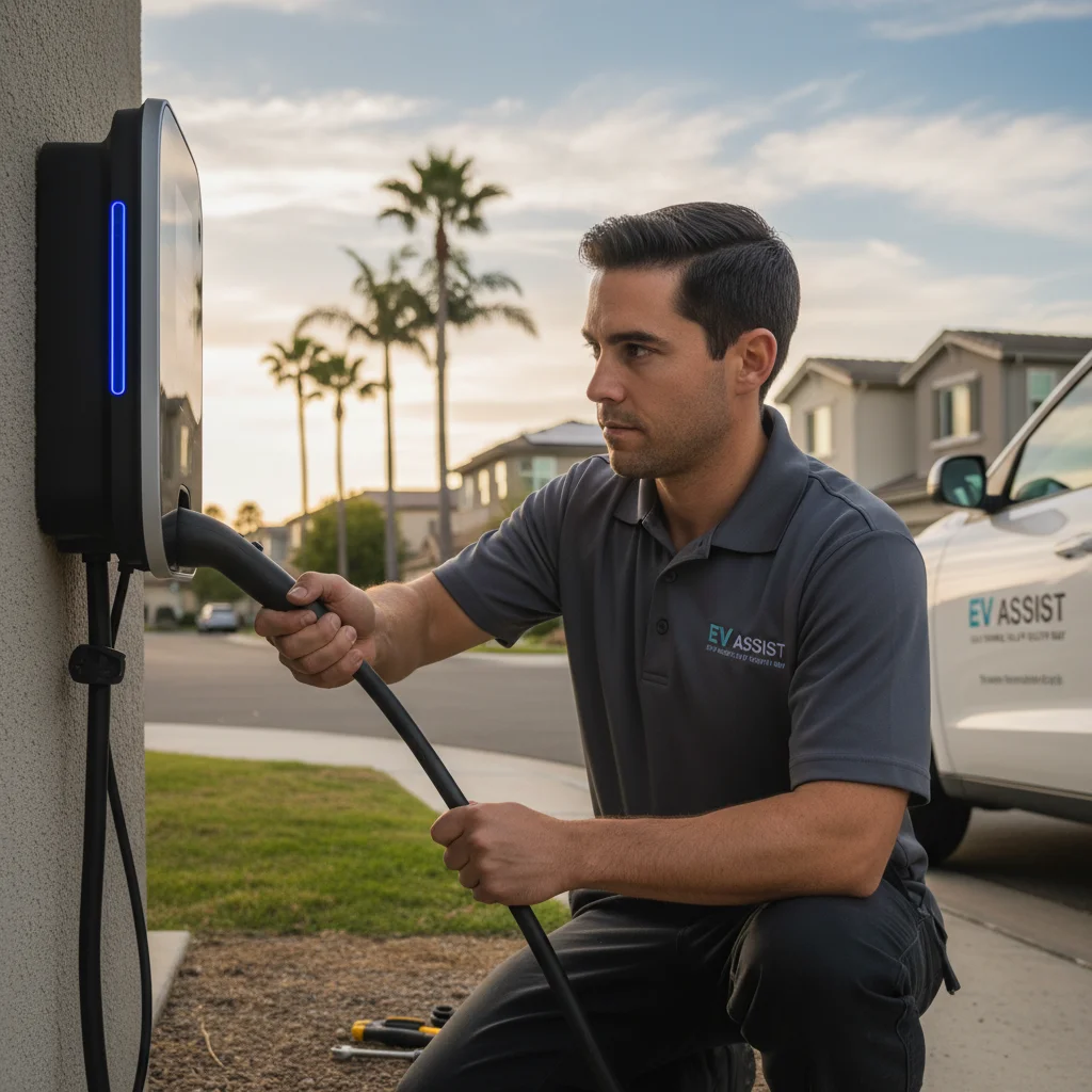 Technician connecting a portable 12-volt pack to an electric car in a parking garage