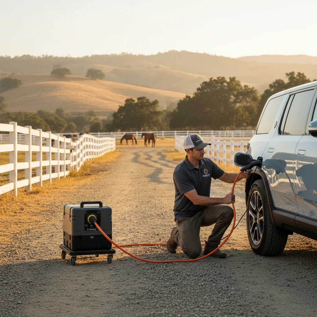 A technician connecting a portable charge cable to a parked electric SUV