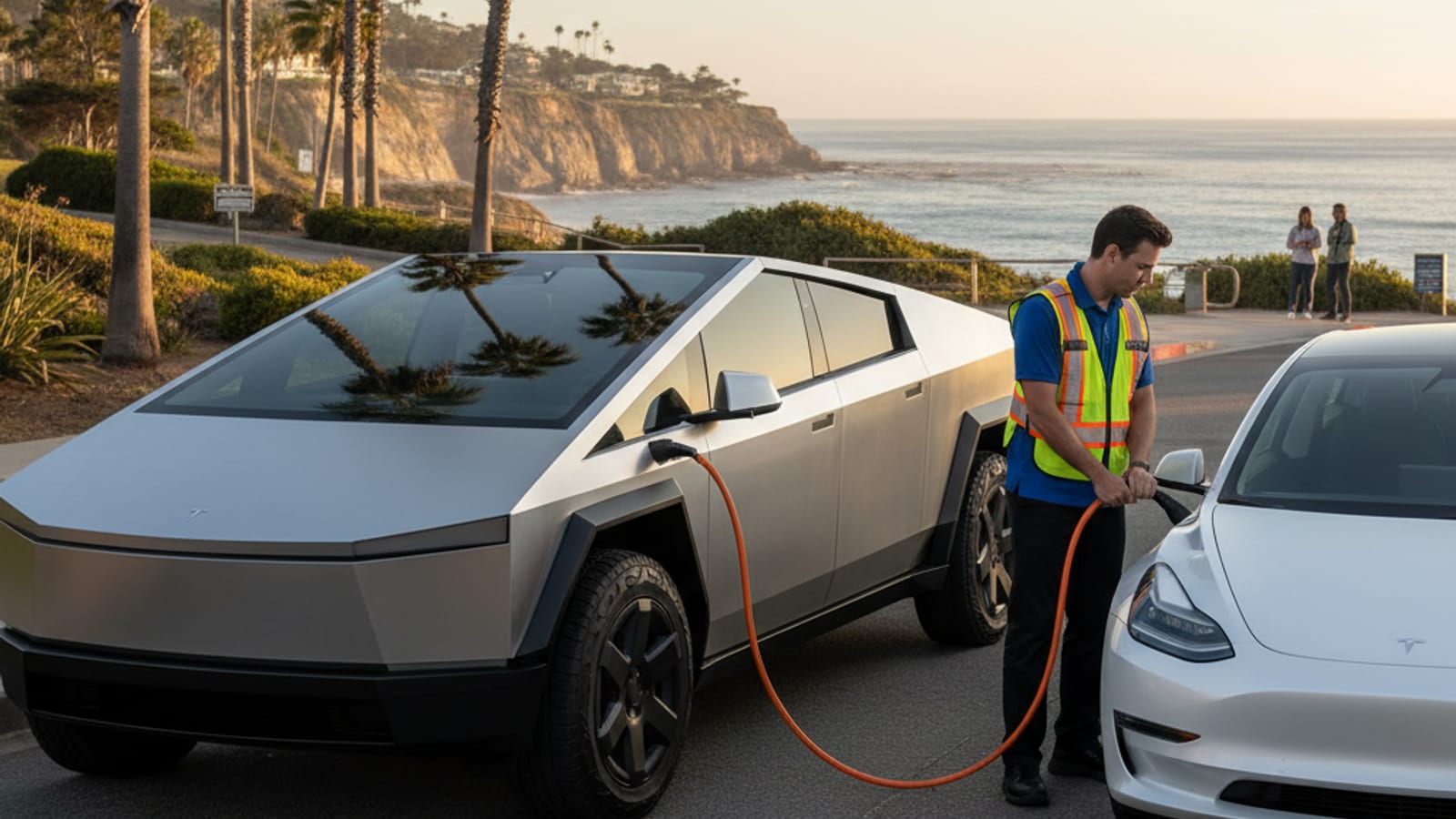 Electric car stopped on a paved shoulder with hazard lights glowing