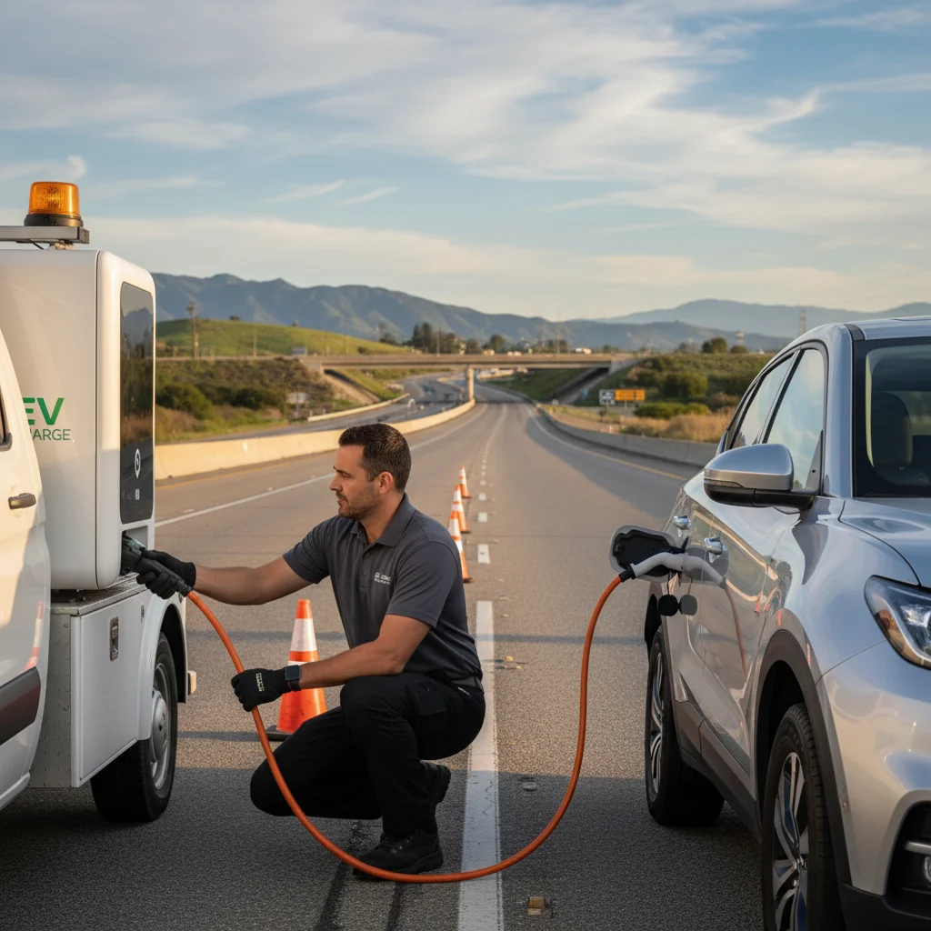 Parked electric SUV on a paved shoulder with a charging cable on the ground