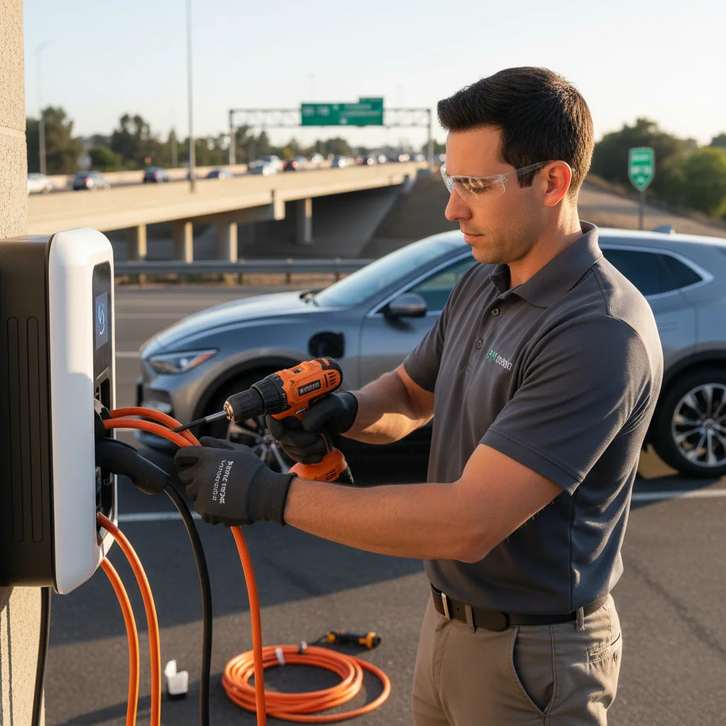 Technician plugging a portable charging cable into an EV parked along a curb