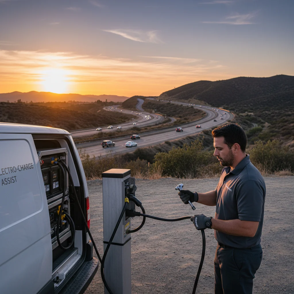 An electric car stopped on a paved shoulder as a mobile charging van pulls up behind it