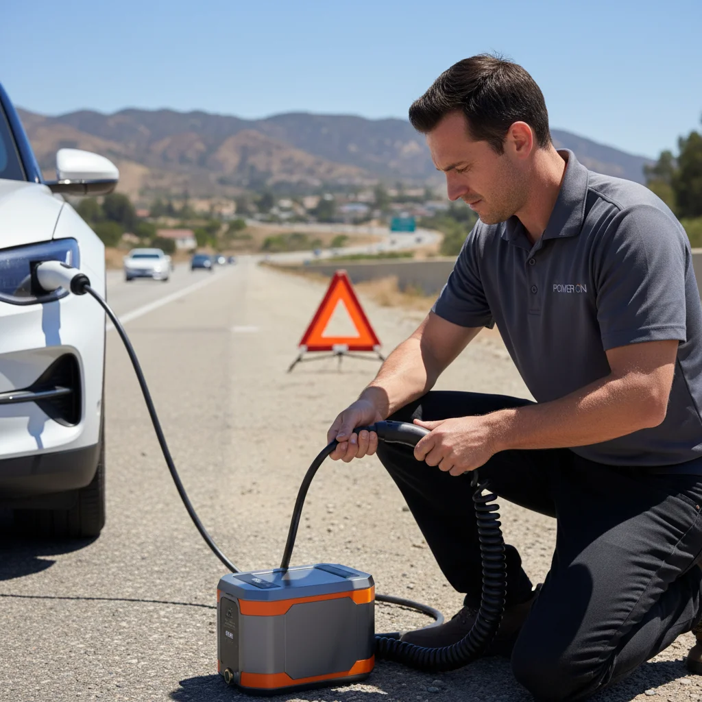 A technician plugging a portable charging cable into an EV at the curb