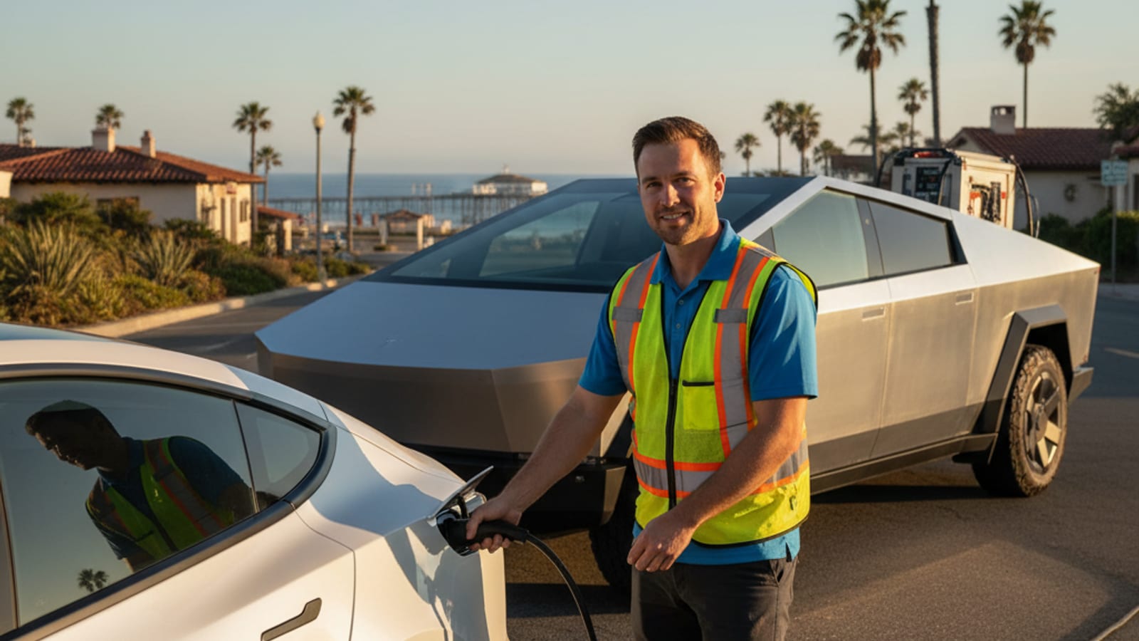 A dark electric car stopped on a paved shoulder with hazard lights flashing