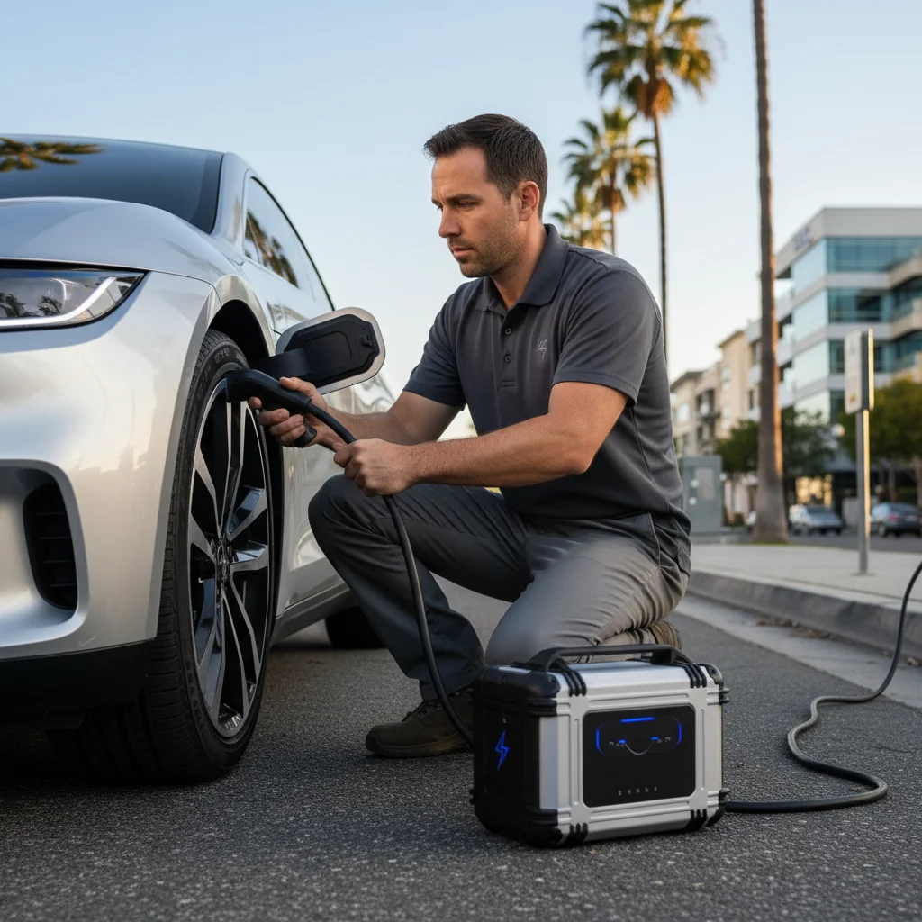 A charging cable plugged into an EV port beside a roadside service vehicle