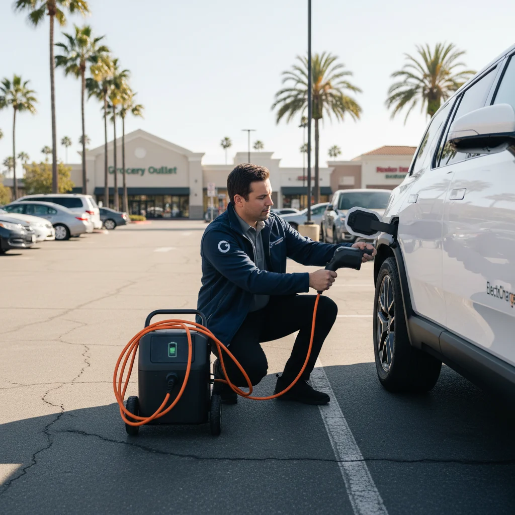 Charging cable plugged into an EV in a parking lot beside a service van