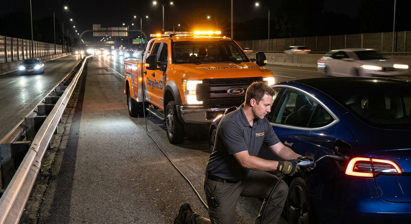 A stranded electric car on a highway shoulder at night, with a rescue truck behind it and work lights on the scene.