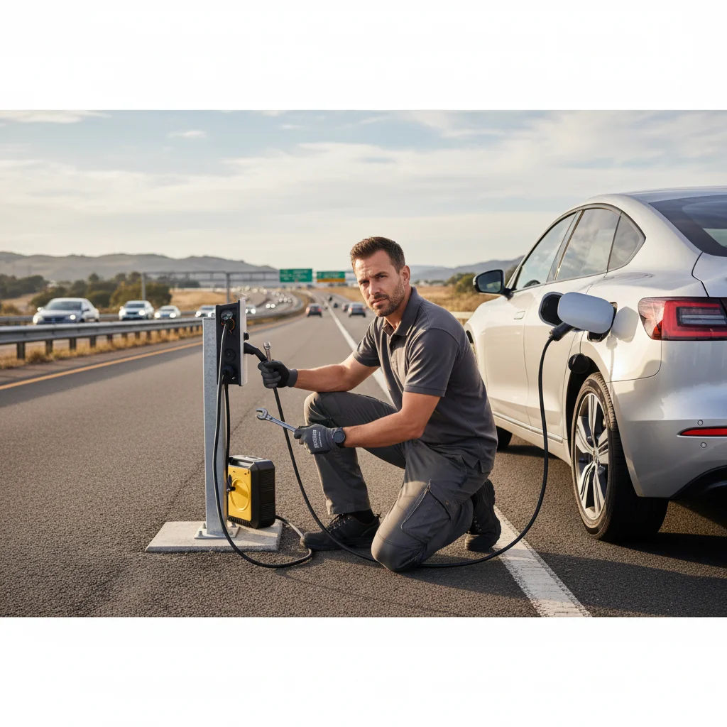 An electric car with hazard lights on a freeway shoulder while traffic moves in the next lane