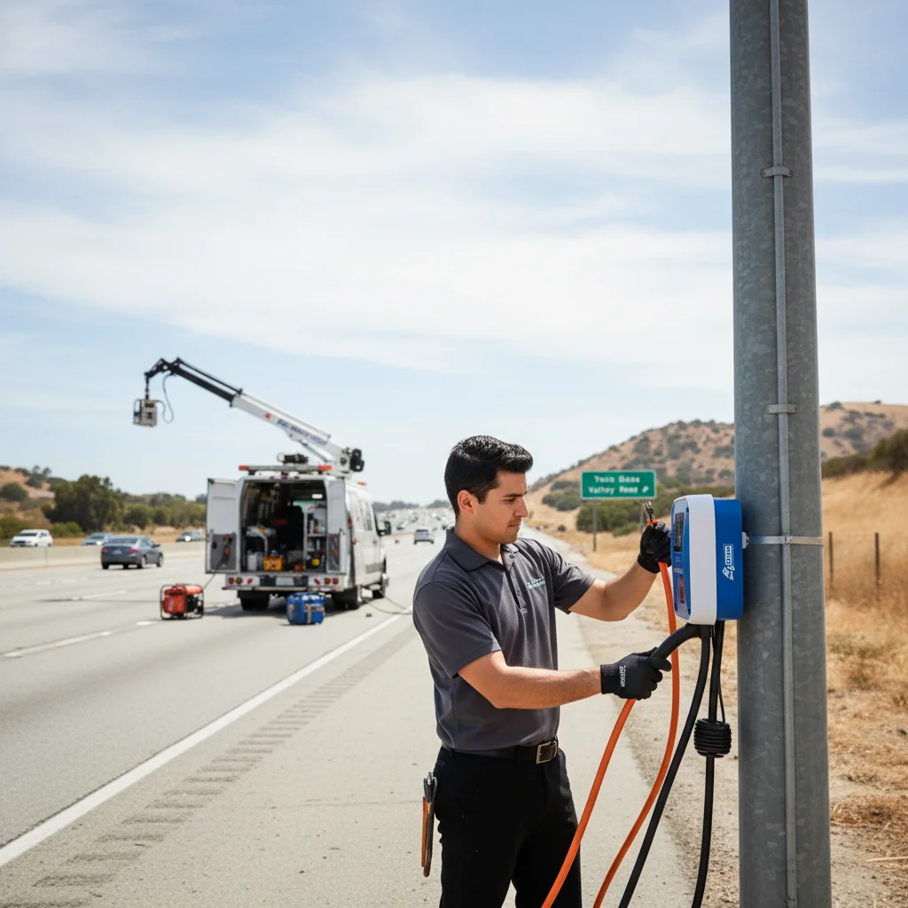 A dark electric car stopped on a freeway shoulder with traffic in the next lanes